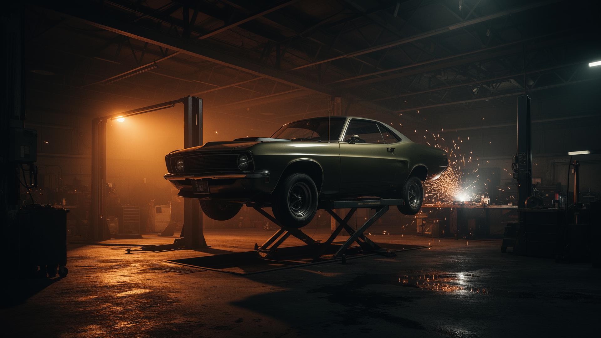 Vintage muscle car on a lift inside the Dead Eye shop